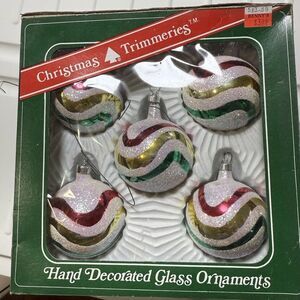 Vintage Christmas Trimmeries Bradford Silver Glitter Swirl Round Ornaments Set 5